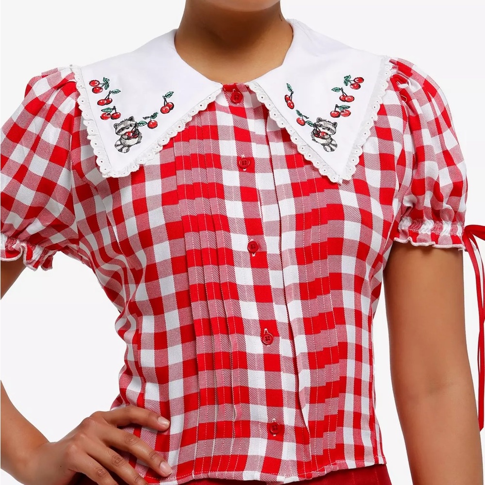 Thorn & Fable Raccoon & Cherries Red Gingham Woven Top Hot Topic - Picture 2 of 4